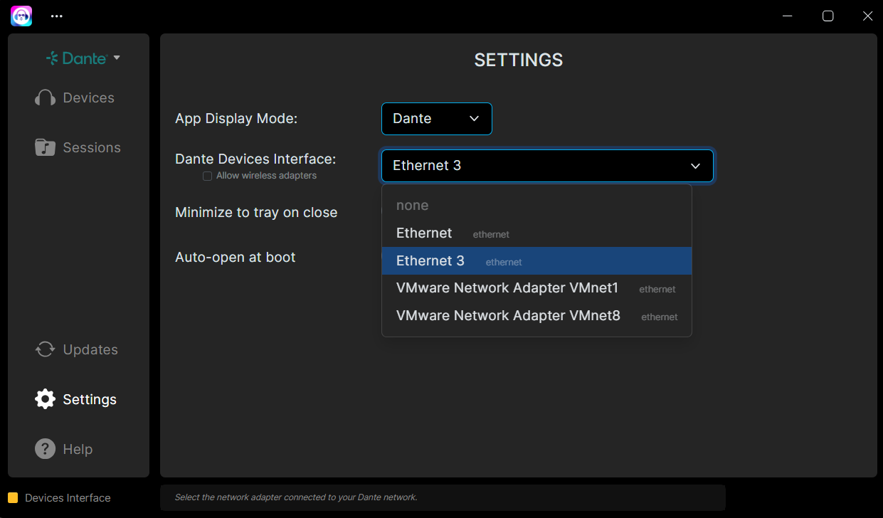 Select Dante Interface