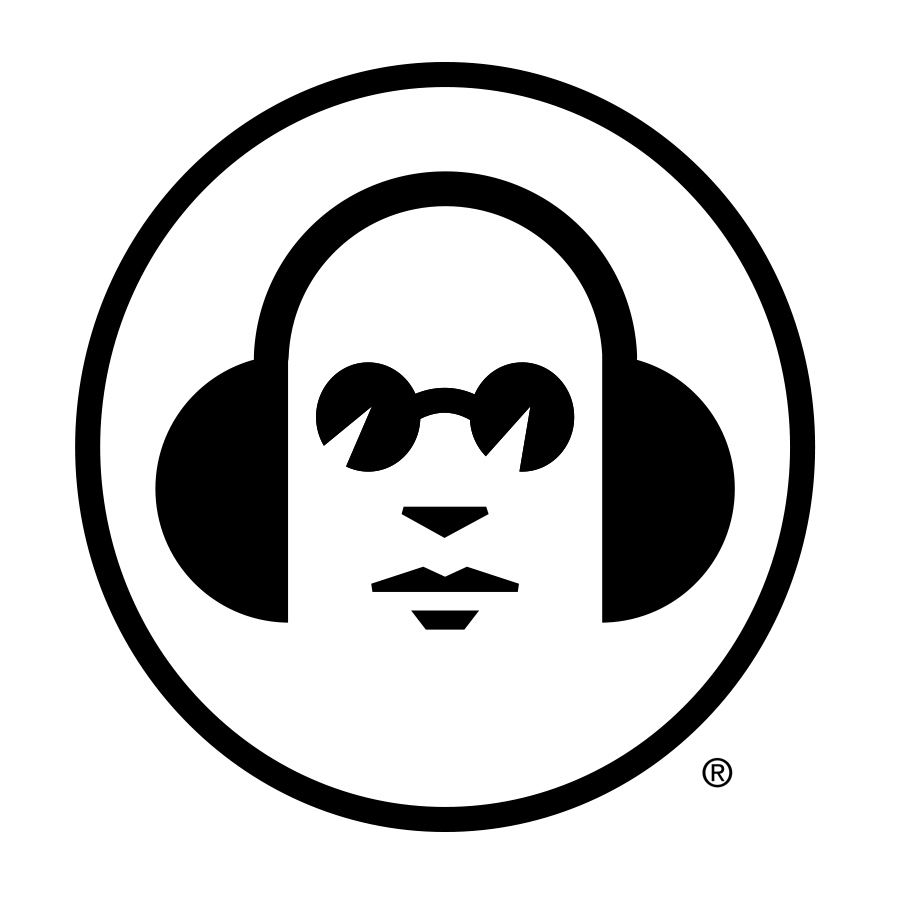 Hear Technologie's black-and-white "Jack" logo: An illustrated, stylized head of a man wearing sunglasses with lines that look like volume knobs and wearing headphones; all surrounded by a circle.